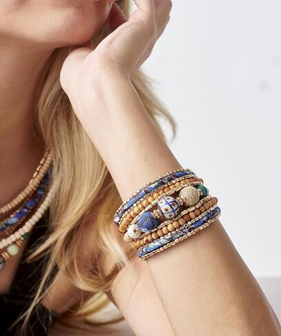 أساور تشارلي بيج بوهو للنساء | سوار من الخرز الخشبي والمعدني | سوار كليوباترا | مجوهرات بوهو | سوار مطرز | سوار مطاطي للنساء | سوار الصداقة in Kuwait
