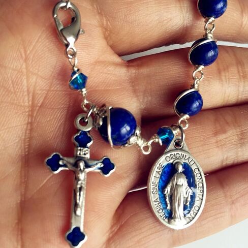 elegantmedical CATHOLIC Silver Wire Wraped Lapis lazul BEAD BRACELET ROSARY CROSS in Saudi Arabia