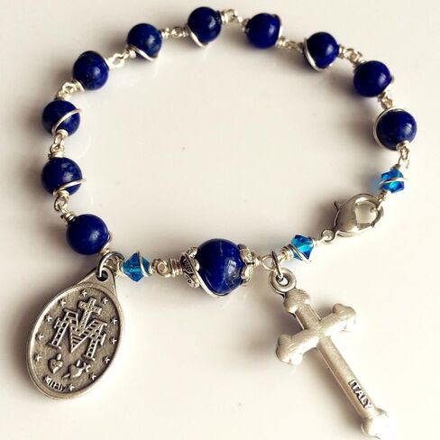 elegantmedical CATHOLIC Silver Wire Wraped Lapis lazul BEAD BRACELET ROSARY CROSS in Saudi Arabia