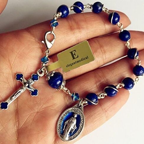 elegantmedical CATHOLIC Silver Wire Wraped Lapis lazul BEAD BRACELET ROSARY CROSS in Saudi Arabia