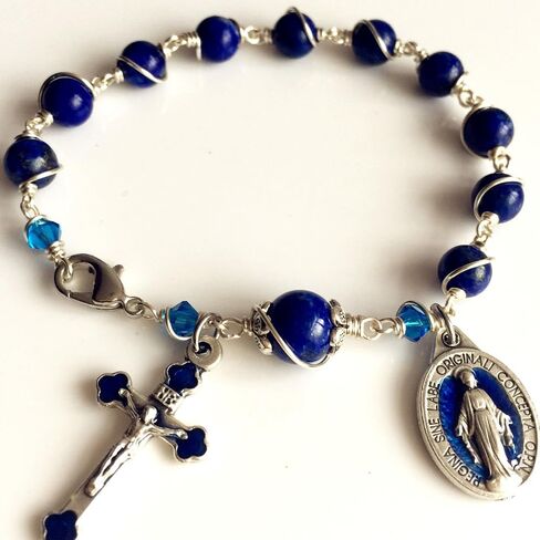 elegantmedical CATHOLIC Silver Wire Wraped Lapis lazul BEAD BRACELET ROSARY CROSS in Saudi Arabia