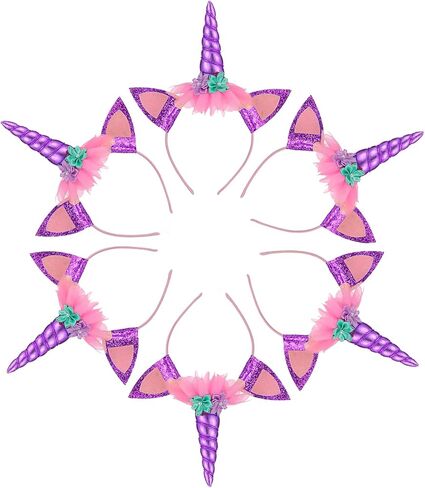 SUNOVELTIES 6 Pack Unicorn Horn Glitter Ears Flower Headband Birthday Party Favor Supplies in Kuwait
