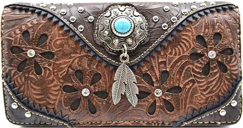 Western Feather Tooled Leather Floral Laser Cut Flower Purse Studs Single Shoulder Bag Clutch Women Trifold Wristlets Wallet (Coffee) in Saudi Arabia
