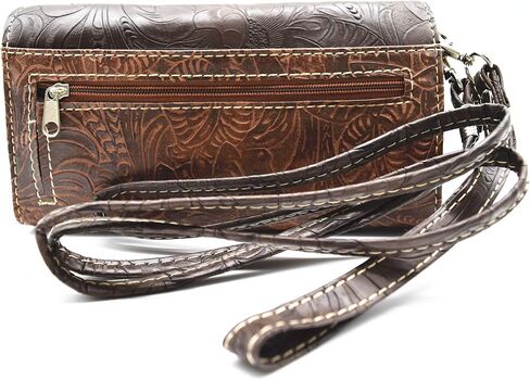 Western Feather Tooled Leather Floral Laser Cut Flower Purse Studs Single Shoulder Bag Clutch Women Trifold Wristlets Wallet (Coffee) in Saudi Arabia