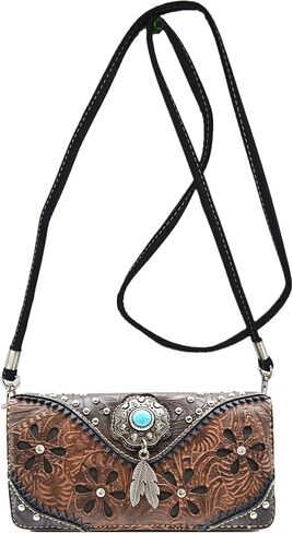 Western Feather Tooled Leather Floral Laser Cut Flower Purse Studs Single Shoulder Bag Clutch Women Trifold Wristlets Wallet (Coffee) in Saudi Arabia