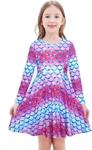 JESKIDS Little Girls Long Sleeve Dress Tie Dye/Unicorn/Flamingo Dress Twirl Swing Party Dresses with Pockets in Kuwait
