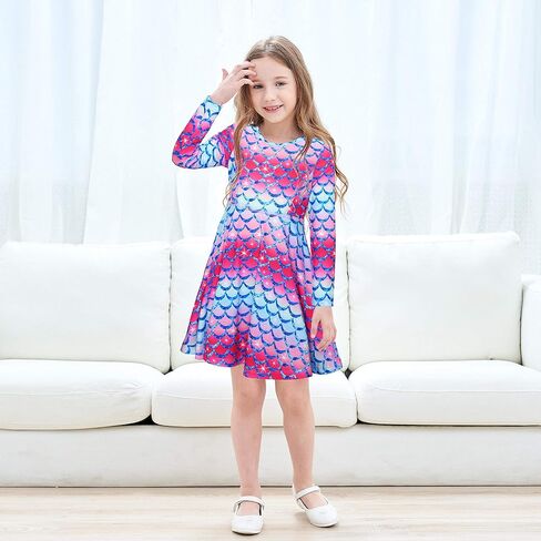 JESKIDS Little Girls Long Sleeve Dress Tie Dye/Unicorn/Flamingo Dress Twirl Swing Party Dresses with Pockets in Kuwait