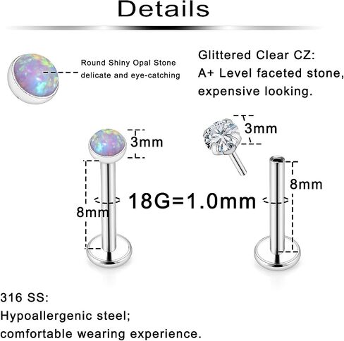 Ftovosyo 20G 18G 16G دفع بدون خيوط في حلقات الأنف الأزرار الجراحية الصلب Pushin الأنف مسمار 2 مم 2.5 مم 3 مم جولة كريستال أوبال لابريت الشفاه ميدوسا ثقب المجوهرات محارة اللولب الزنمة القرط للنساء الرجال in Kuwait