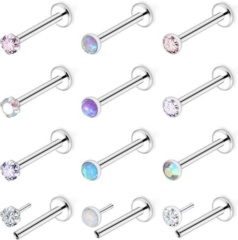 Ftovosyo 20G 18G 16G دفع بدون خيوط في حلقات الأنف الأزرار الجراحية الصلب Pushin الأنف مسمار 2 مم 2.5 مم 3 مم جولة كريستال أوبال لابريت الشفاه ميدوسا ثقب المجوهرات محارة اللولب الزنمة القرط للنساء الرجال in Kuwait