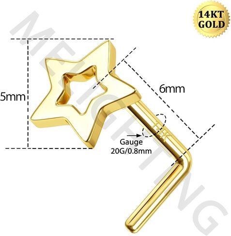 MeIighting 14K الذهب خواتم الأنف 20G نجمة الأنف مسمار L على شكل قلب الأنف ثقب المجوهرات للنساء الرجال الذهب الحقيقي هيئة ثقب المجوهرات امرأة in Kuwait