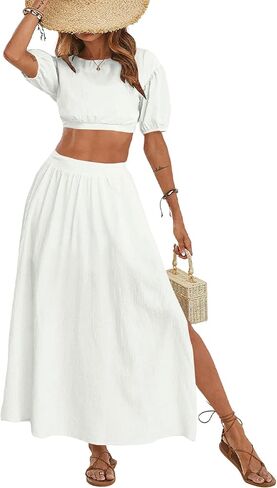 Umenlele Women's Casual 2 Piece Outfits Puff Short Sleeve Crop Top Flared Slit Maxi Skirt Set in Saudi Arabia