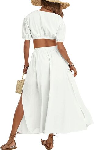 Umenlele Women's Casual 2 Piece Outfits Puff Short Sleeve Crop Top Flared Slit Maxi Skirt Set in Saudi Arabia