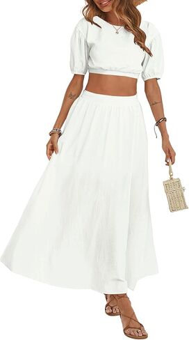 Umenlele Women's Casual 2 Piece Outfits Puff Short Sleeve Crop Top Flared Slit Maxi Skirt Set in Saudi Arabia
