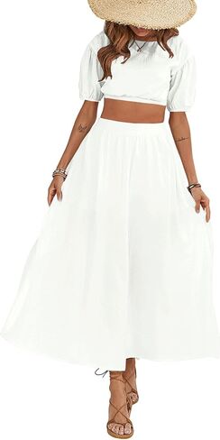 Umenlele Women's Casual 2 Piece Outfits Puff Short Sleeve Crop Top Flared Slit Maxi Skirt Set in Saudi Arabia