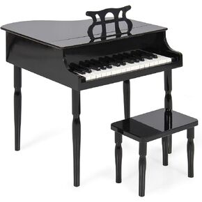 Best Choice Products Kids Classic Wooden 30-Key Mini Grand Piano Musical Instrument Toy w/Piano Lid, Bench, Foldable Music Rack, Song Book, Note Stickers, Enamel Finish - Black