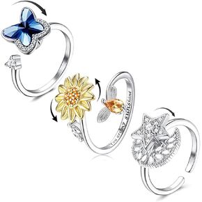 WOWPannda Christmas Gift 3 Pcs Fidget Anxiety Rings for Women Adjustable Opening Ring Set Spinner Cubic Zirconia Sunflower Butterfly Stress Relief Stackable Rings in Saudi Arabia