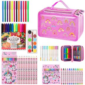 مجموعة أقلام تحديد قابلة للغسل معطرة بالفواكه مع علبة أقلام رصاص لامعة بألوان قوس قزح، 62 قطعة من الفنون والحرف اليدوية للأطفال الذين تتراوح أعمارهم بين 4-6-8 سنوات، أقلام تلوين للأطفال وأقلام تلوين وأقلام تلوين ومستلزمات فنية لعيد ميلاد وحيد القرن وهدايا in Kuwait