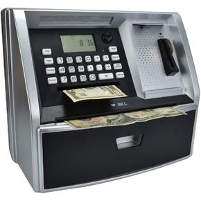 بنك توفير ATM مع بطاقة خصم، بنك بيجي إلكتروني للنقود الحقيقية، التعرف على العملات المعدنية، إعداد الأهداف، تسجيل الدخول بكلمة المرور، موجه صوتي، هدية رائعة للأولاد والبنات (أسود/فضي) in Kuwait