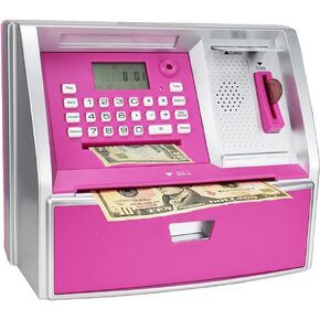 بنك توفير ATM مع بطاقة خصم، بنك بيجي إلكتروني للنقود الحقيقية، التعرف على العملات المعدنية، إعداد الأهداف، تسجيل الدخول بكلمة المرور، موجه صوتي، هدية رائعة للأولاد والبنات (أسود/فضي) in Kuwait