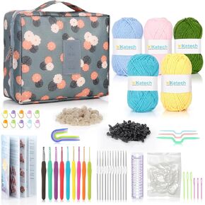 Katech Beginner Yarn for Crocheting and Knitting-Crochet Yarn Kit for Beginners-Includes 382 Yards Cotton Yarn Balls, Hooks, Accessories, Tutorials, Ideal Starter Kit for Kids Adults Professionals