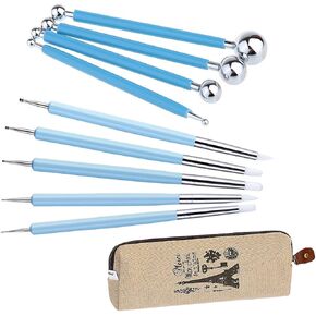 Ecjiuyi 9PCS Sculpting Tools,4PCS Double-Ended Metal Ceramic Clay Ball Stylus Dotting Tools and 5PCS 2 Way Silicone Polymer and Embossing Paper Flower Indentation Tool Set