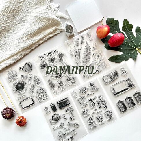 DAVANPAL 46 PCS Clear Stamps with Acrylic Stamp Block Ink Pad, Plants and Garden Theme Vintage Transparent Rubber Stamp Seal Ephemera Stamp Sets for Junk Journal, Scrapbooking, Diary, Card Making in Kuwait