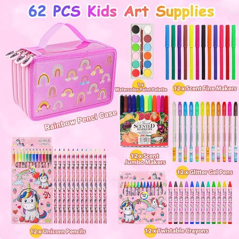 مجموعة أقلام تحديد قابلة للغسل معطرة بالفواكه مع علبة أقلام رصاص لامعة بألوان قوس قزح، 62 قطعة من الفنون والحرف اليدوية للأطفال الذين تتراوح أعمارهم بين 4-6-8 سنوات، أقلام تلوين للأطفال وأقلام تلوين وأقلام تلوين ومستلزمات فنية لعيد ميلاد وحيد القرن وهدايا in Kuwait