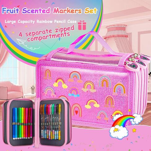 مجموعة أقلام تحديد قابلة للغسل معطرة بالفواكه مع علبة أقلام رصاص لامعة بألوان قوس قزح، 62 قطعة من الفنون والحرف اليدوية للأطفال الذين تتراوح أعمارهم بين 4-6-8 سنوات، أقلام تلوين للأطفال وأقلام تلوين وأقلام تلوين ومستلزمات فنية لعيد ميلاد وحيد القرن وهدايا in Kuwait