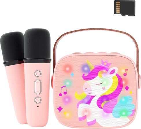 Byserten Kids Karaoke Machine Unicorn Gifts for Girls Toys Age 6-8 Portable Music Toy with 2 Wireless Microphones Christmas Birthday Gifts for 4 5 6 7 8 9 10 Year Old Girl Boy Teen (Pink) in Kuwait