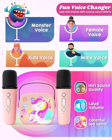 Byserten Kids Karaoke Machine Unicorn Gifts for Girls Toys Age 6-8 Portable Music Toy with 2 Wireless Microphones Christmas Birthday Gifts for 4 5 6 7 8 9 10 Year Old Girl Boy Teen (Pink) in Kuwait