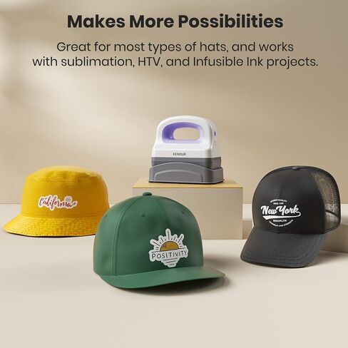 EENOUR Hat Press Machine, Mini Heat Press for Caps with 3 Heating Levels & Auto-Off, Handheld Cap Easy Press with 3"×5.5" Arched Heating Plate, 2 Press Platens, A Safety Base in Kuwait