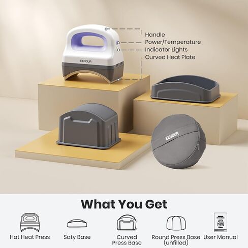 EENOUR Hat Press Machine, Mini Heat Press for Caps with 3 Heating Levels & Auto-Off, Handheld Cap Easy Press with 3"×5.5" Arched Heating Plate, 2 Press Platens, A Safety Base in Kuwait