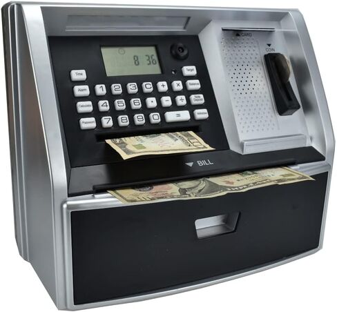بنك توفير ATM مع بطاقة خصم، بنك بيجي إلكتروني للنقود الحقيقية، التعرف على العملات المعدنية، إعداد الأهداف، تسجيل الدخول بكلمة المرور، موجه صوتي، هدية رائعة للأولاد والبنات (أسود/فضي) in Saudi Arabia