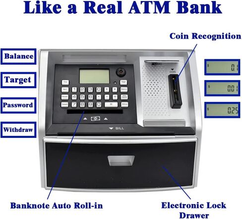 بنك توفير ATM مع بطاقة خصم، بنك بيجي إلكتروني للنقود الحقيقية، التعرف على العملات المعدنية، إعداد الأهداف، تسجيل الدخول بكلمة المرور، موجه صوتي، هدية رائعة للأولاد والبنات (أسود/فضي) in Saudi Arabia