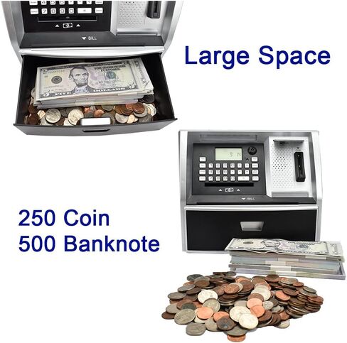 بنك توفير ATM مع بطاقة خصم، بنك بيجي إلكتروني للنقود الحقيقية، التعرف على العملات المعدنية، إعداد الأهداف، تسجيل الدخول بكلمة المرور، موجه صوتي، هدية رائعة للأولاد والبنات (أسود/فضي) in Saudi Arabia