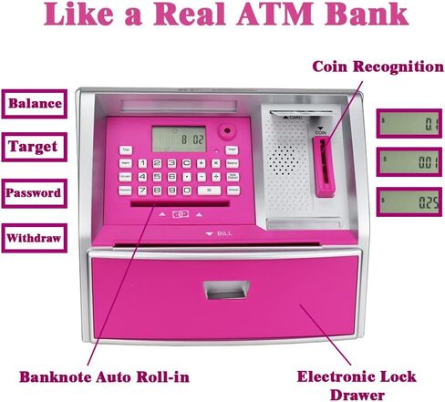 ApgBnk ATM Savings Bank with Debit Card, Electronic Piggy Bank for Real Money, Coin Recognition, Targets Setting, Password Login, Voice Prompt, Great Gift for Boys Girls (Black/Red) in Kuwait