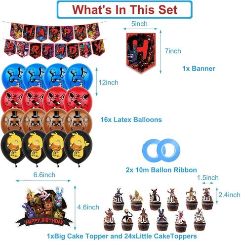 لوازم حفلات اعياد الميلاد لفايف نايتس ات فريديز، ديكورات حفلات لفايف نايتس ات فريديز - زينة كيك كبيرة - 24 قطعة علوية للكب كيك - 16 بالون - لافتة in Kuwait