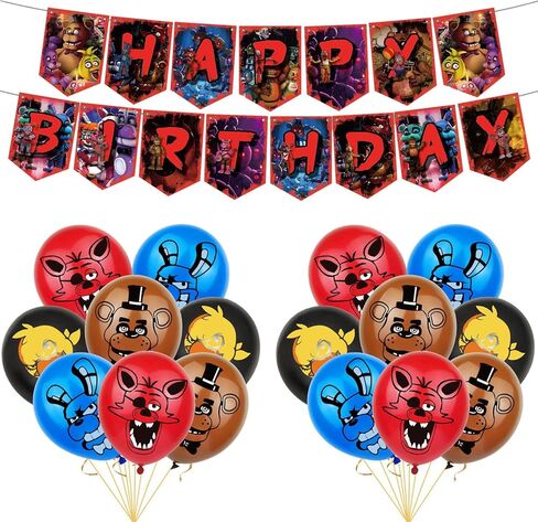 لوازم حفلات اعياد الميلاد لفايف نايتس ات فريديز، ديكورات حفلات لفايف نايتس ات فريديز - زينة كيك كبيرة - 24 قطعة علوية للكب كيك - 16 بالون - لافتة in Kuwait