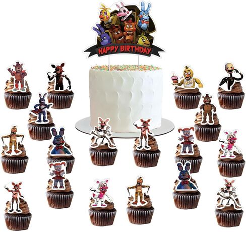 لوازم حفلات اعياد الميلاد لفايف نايتس ات فريديز، ديكورات حفلات لفايف نايتس ات فريديز - زينة كيك كبيرة - 24 قطعة علوية للكب كيك - 16 بالون - لافتة in Kuwait