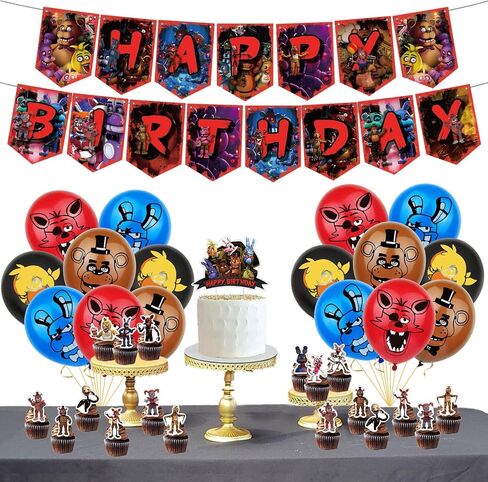 لوازم حفلات اعياد الميلاد لفايف نايتس ات فريديز، ديكورات حفلات لفايف نايتس ات فريديز - زينة كيك كبيرة - 24 قطعة علوية للكب كيك - 16 بالون - لافتة in Kuwait