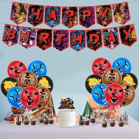 لوازم حفلات اعياد الميلاد لفايف نايتس ات فريديز، ديكورات حفلات لفايف نايتس ات فريديز - زينة كيك كبيرة - 24 قطعة علوية للكب كيك - 16 بالون - لافتة in Kuwait