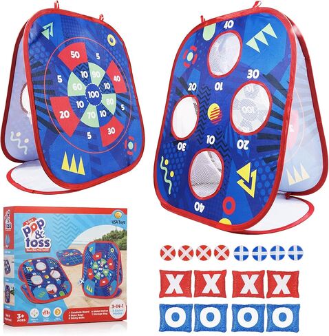 USA Toyz Pop n Toss Bean Bag Toss Game للأطفال - مجموعة ألعاب 3 في 1 للأطفال من Bean Bag Toss Cornhole، كرة لزجة، إصبع تيك تاك، ألعاب الفناء الخلفي للأطفال الصغار في الأماكن المغلقة والخارجية للأولاد والبنات in Kuwait
