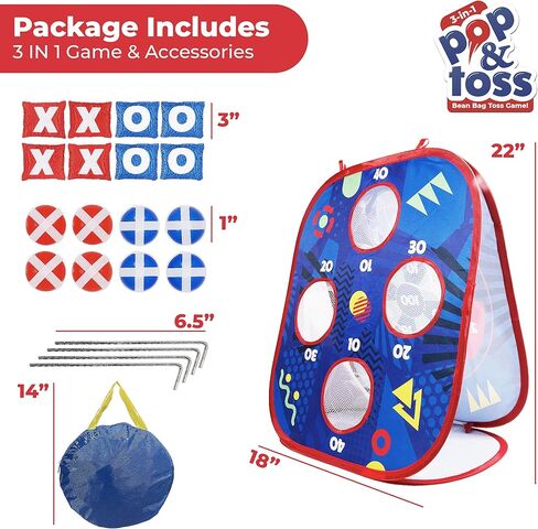 USA Toyz Pop n Toss Bean Bag Toss Game للأطفال - مجموعة ألعاب 3 في 1 للأطفال من Bean Bag Toss Cornhole، كرة لزجة، إصبع تيك تاك، ألعاب الفناء الخلفي للأطفال الصغار في الأماكن المغلقة والخارجية للأولاد والبنات in Kuwait