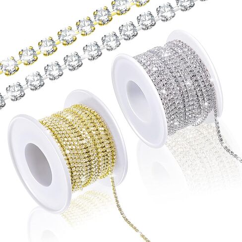 Hicarer 2 Rolls 5 Yards 2 mm Crystal Rhinestone Close Chain Trim for Sewing Shoes Clothes Cups Rhinestone Chain for Craft Jewelry Wedding Bouquet DIY Decoration Silver in Kuwait