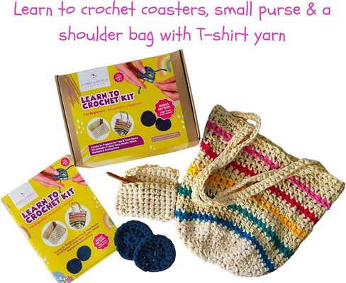 مجموعة تعلم الكروشيه للمبتدئين مع خيوط تي شيرت. ابدأ بسرعة وسهولة. ابتكر 3 تصميمات بنمط بوهو. حقيبة كتف ومحفظة وقواعد أكواب. تعليمات ودروس فيديو للبدء. in Kuwait