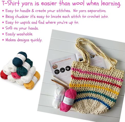 مجموعة تعلم الكروشيه للمبتدئين مع خيوط تي شيرت. ابدأ بسرعة وسهولة. ابتكر 3 تصميمات بنمط بوهو. حقيبة كتف ومحفظة وقواعد أكواب. تعليمات ودروس فيديو للبدء. in Kuwait