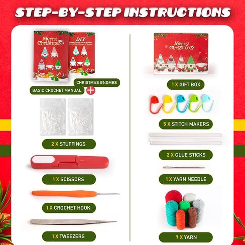 مجموعة كروشيه للمبتدئين من اوغفو، مجموعة ادوات الكروشيه مع دروس تعليمية خطوة بخطوة، مجموعة حياكة الغزل، مجموعات تعلم الكروشيه للبالغين والاطفال، لوازم الحياكة اليدوية، 5 عبوات من عائلة جنوم الكريسماس in Kuwait