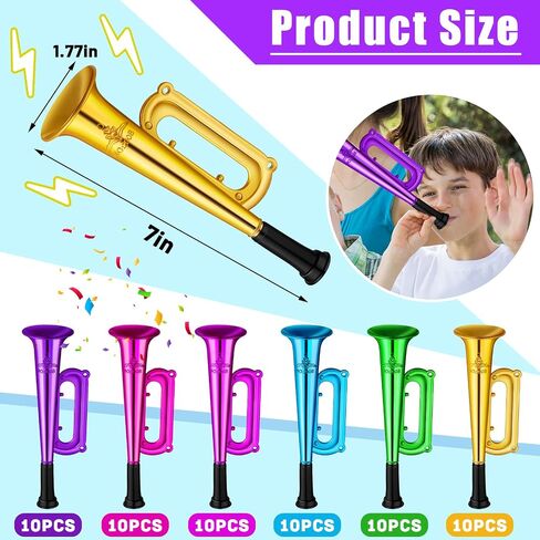 60 Pack Mini Trumpet Toys Kid Trumpet Instrument Noise Makers Assorted Colors Plastic Trumpet Horn Musical Educational Toys for Kids Birthday Graduation Party Favors in Saudi Arabia