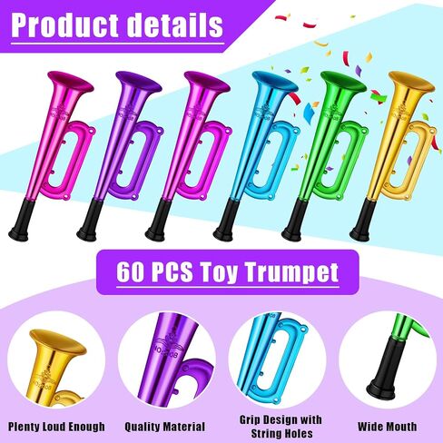 60 Pack Mini Trumpet Toys Kid Trumpet Instrument Noise Makers Assorted Colors Plastic Trumpet Horn Musical Educational Toys for Kids Birthday Graduation Party Favors in Saudi Arabia