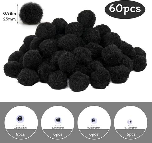 LOKUNN 1 Inch Pom Poms, 60 Pcs Red Craft Pom Poms 24 Pcs Googly Eyes in Kuwait